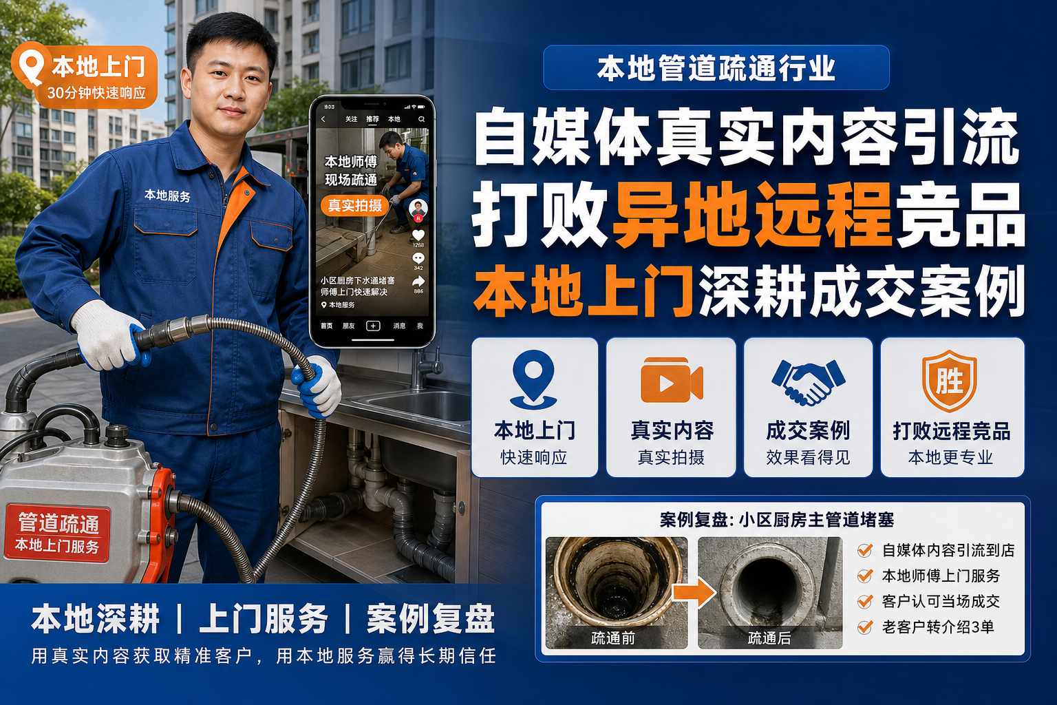 本地管道疏通行业｜自媒体真实内容引流，打败异地远程竞品，本地上门深耕成交案例